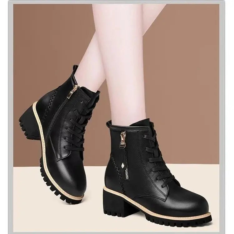 Women's Chunky Sole Ankle Boots     Lace-Up & Side-Zip Combat Boots Winter Fleece-Lined Booties Versatile Leather Boots Platfo - Buy online at  Vibe In Cart.