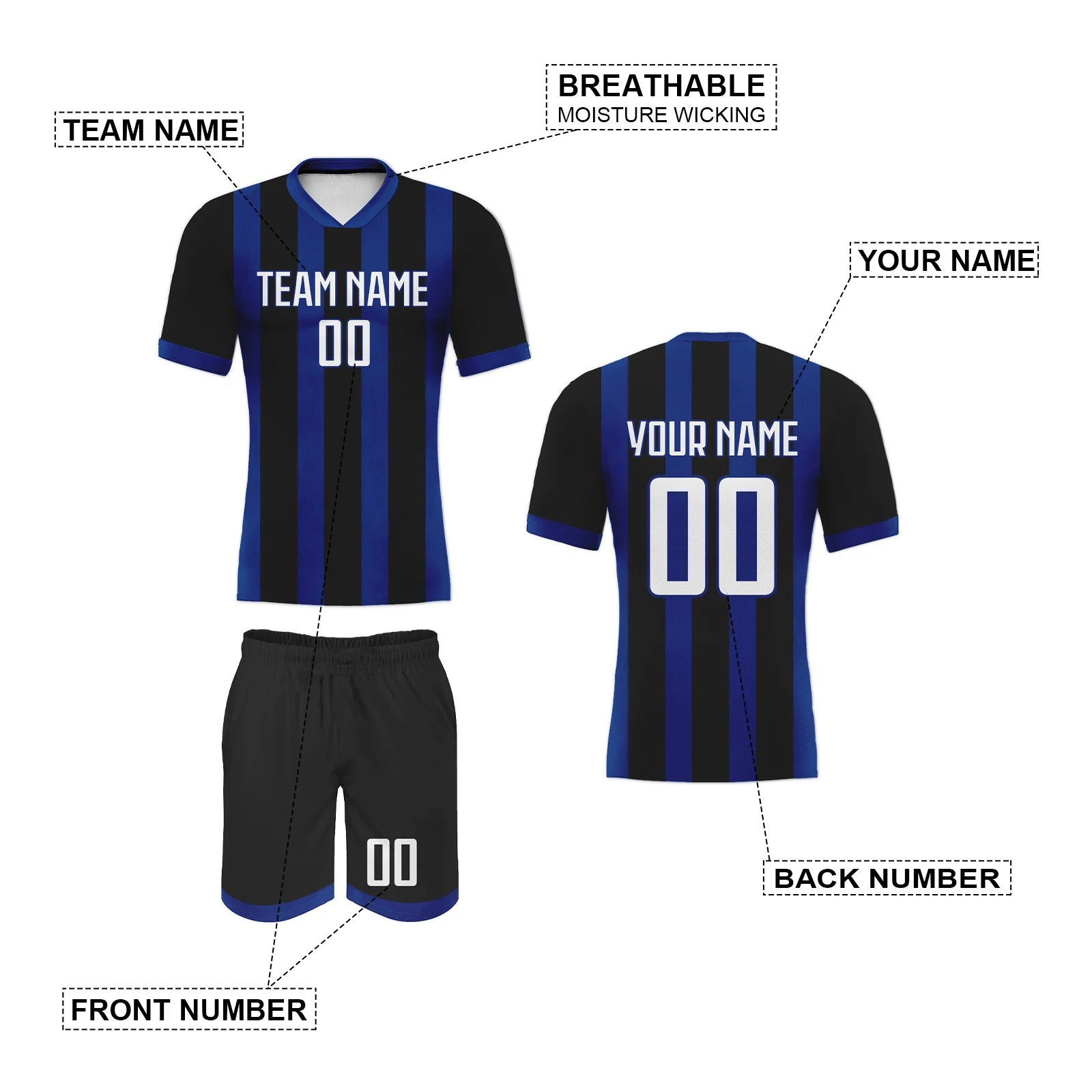 Custom Men's Football Uniform Soccer Kit Women Tracksuit Blue Black Personalized Soccer Jersey Shorts Set with Team Name Number - Buy online at  Vibe In Cart.