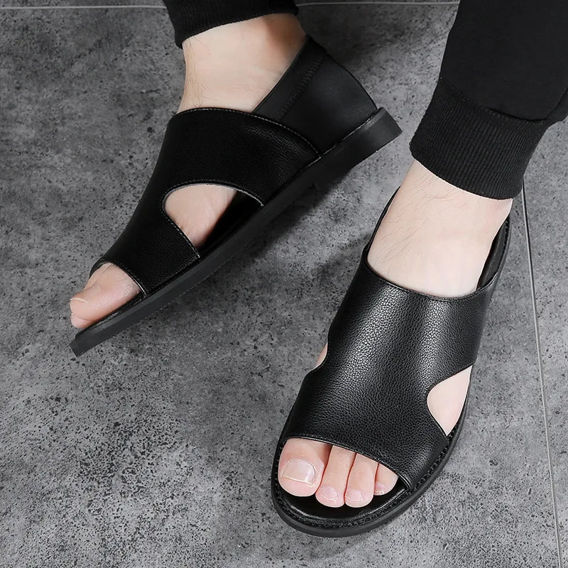 Sandals for Men's Summer New Flat Bottomed Lightweight Leather Slippers for Men's Outdoor Fashion Roman Beach Shoes Half Slipper - Buy online at  Vibe In Cart.