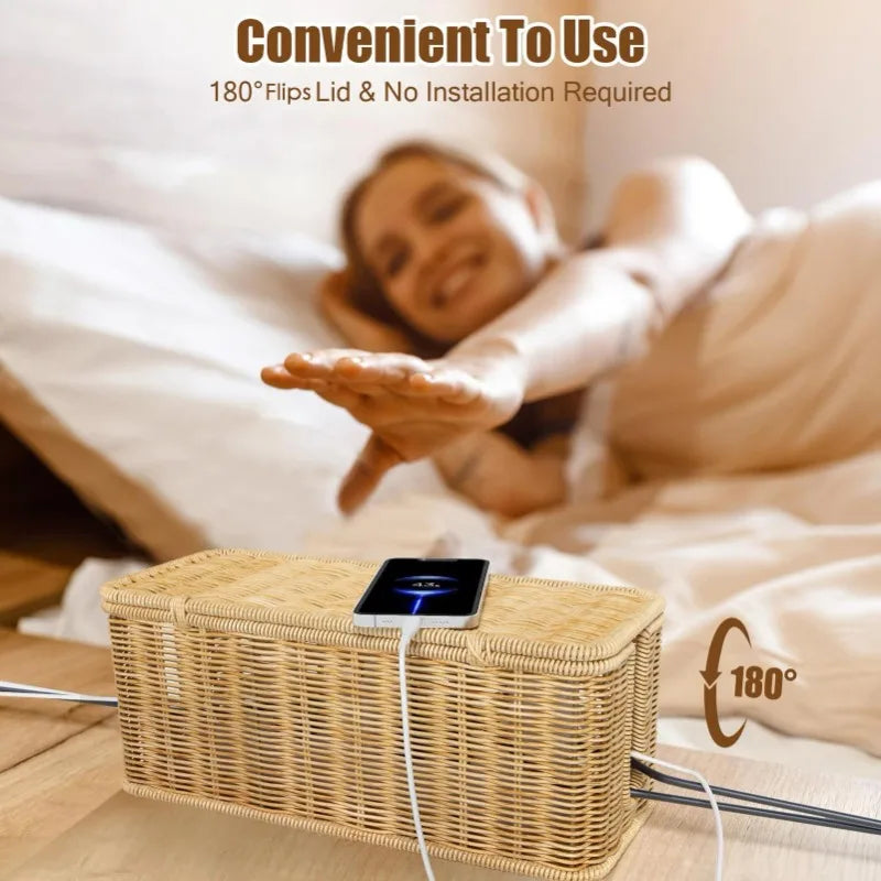 Rattan Cable Management Box with 2 Open Slots for Under Desk