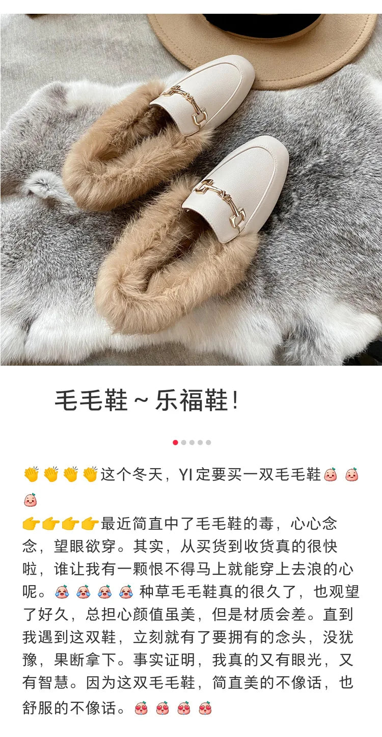 Retro Loafers 2024 Fashion Women's Shoes Autumn and Winter Women Velvet Warm Flat-bottomed Rabbit Fur Leather Shoes - Buy online at  Vibe In Cart.