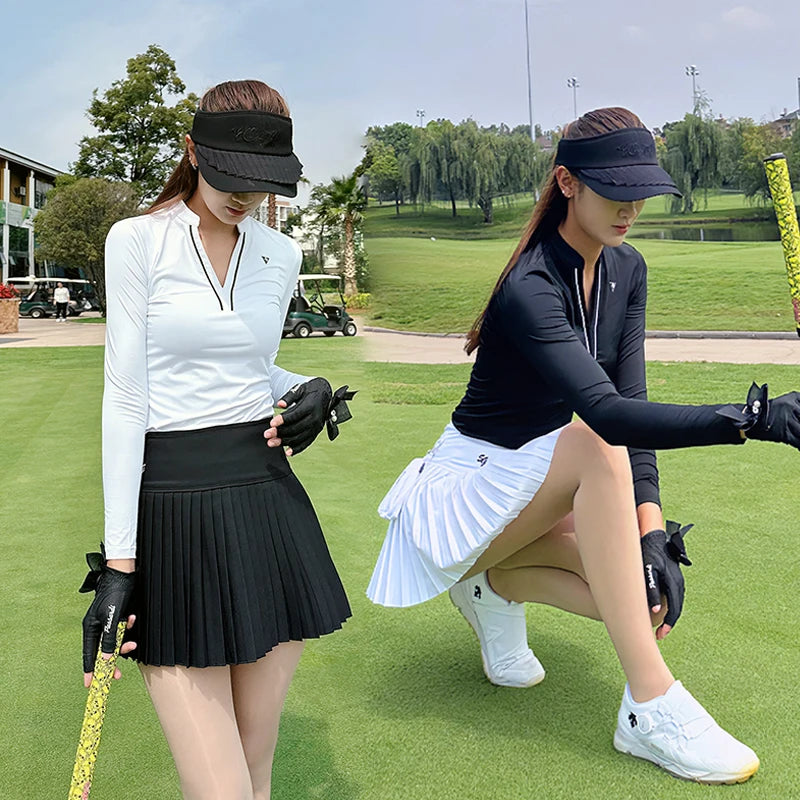 SG Golf Women V-Neck Polo Shirt Spring Fall Long Sleeve Slim Tops Ladies High-end Sport Skort Pleated Anti-Exposure Tennis Skirt - Buy online at  Vibe In Cart.