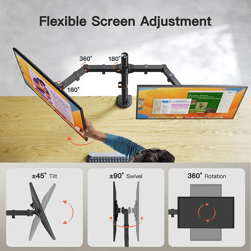 Freestanding Dual Monitor Stand with Height Adjustment, Tilt, Swivel, Rotation up to 27 Inches