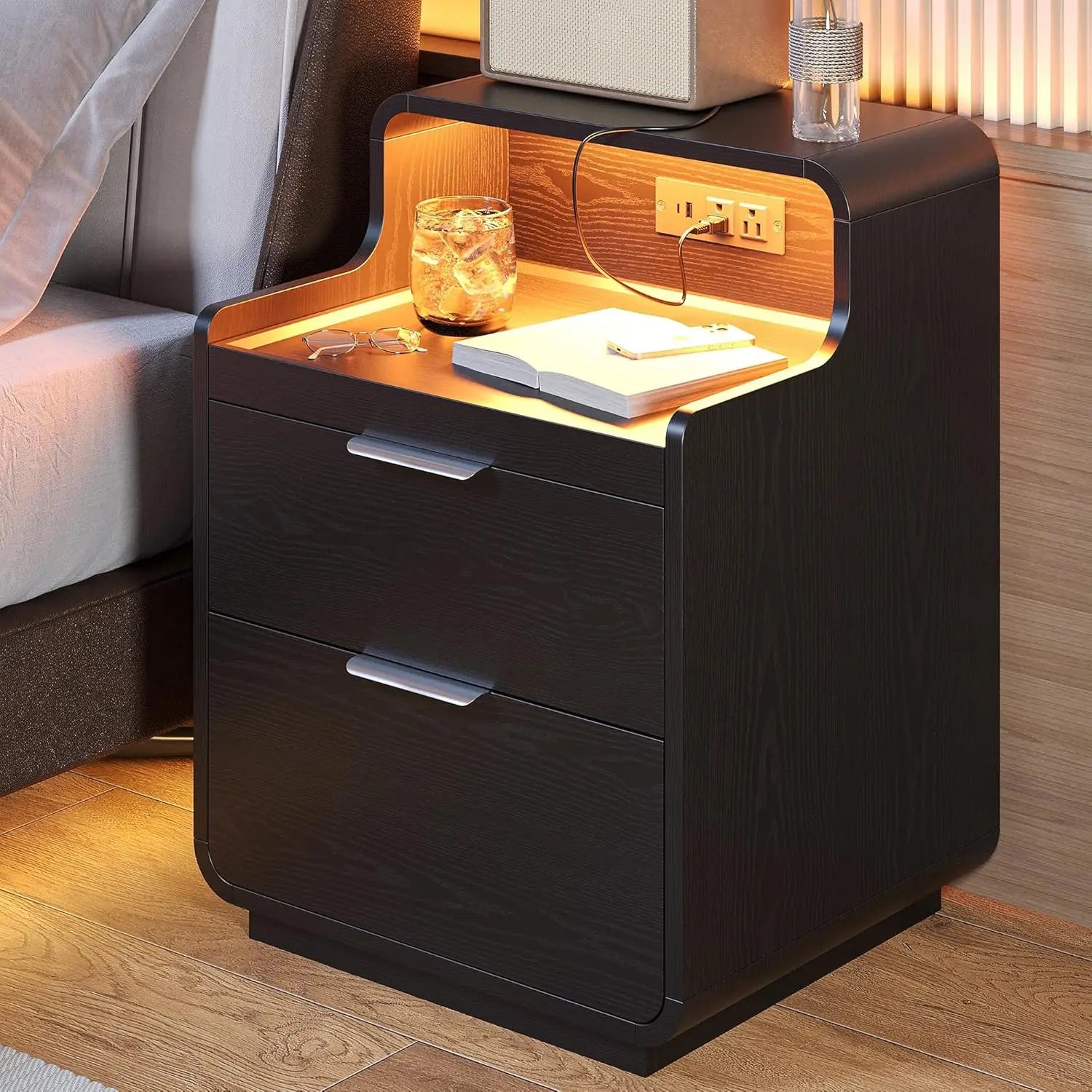 LIKIMIO Nightstand with Charging Station and LED Lights, Night Stand with Pull-Out Shelf, Bedside Table for Bedroom, Black - Buy online at  Vibe In Cart.