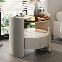 Modern Round Bedside Table with Leather Finish and One Drawer