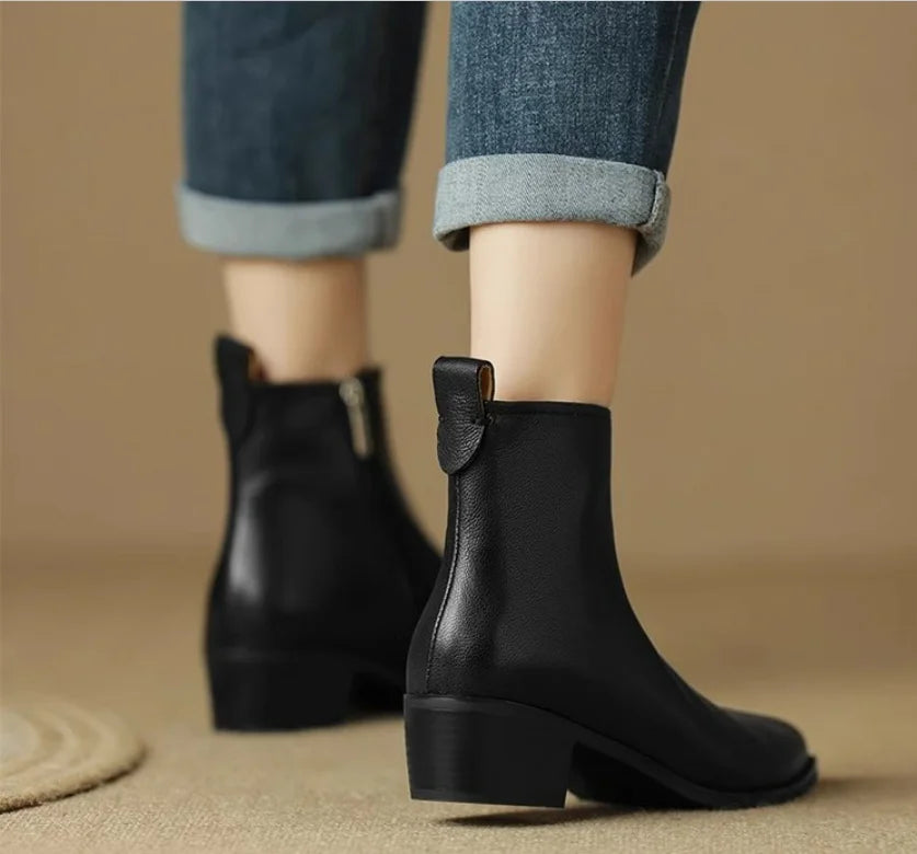 2025 New Women's  Ankle Boots - Minimalist Pointed Toe Mid Heel Booties with Soft Leather & Side Zipper, Slimming Fashion Boots - Buy online at  Vibe In Cart.