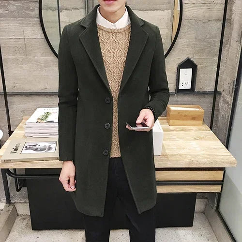 Men's Long Slim Cotton Wool Blend Coat for Autumn Winter