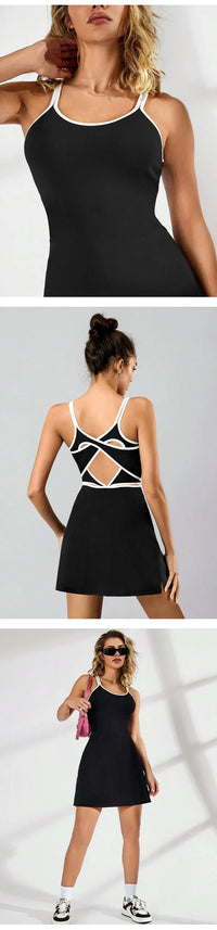 Women Tennis Dress with Inner Short Golf Badminton Skorts Backless Cross Tracksuits Ladies Sleeveless Golf Yoga Dresses S-XL