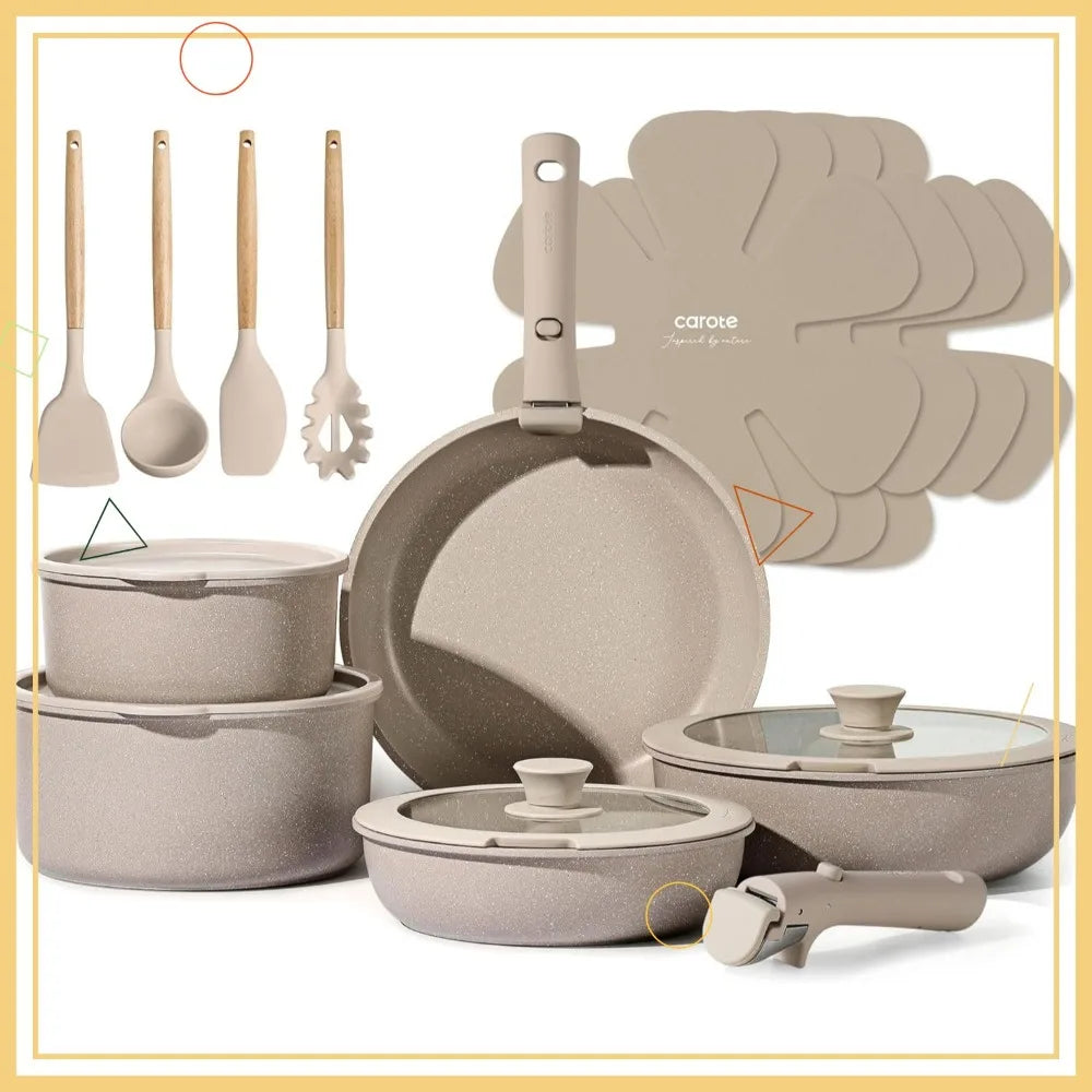 19-Piece Detachable Handle Cookware Set, Non-Stick Induction Compatible Pots and Pans, Oven Safe Taupe - Buy online at  Vibe In Cart.