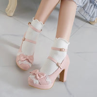 New high-heeled women's single shoes, white lace frills princess shoes, cute pink student party gathering high heels, thick-heel - Buy online at  Vibe In Cart.