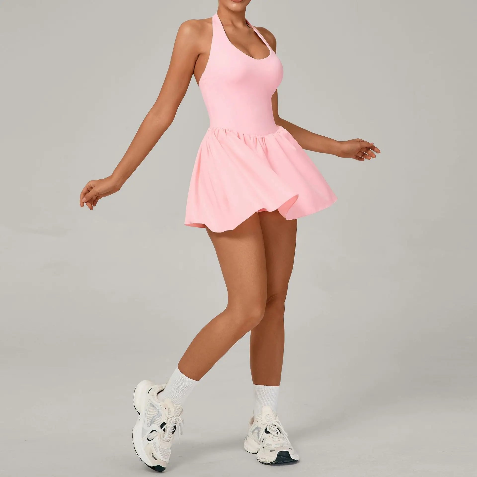 Hanging Neck Tennis Dress Women Solid Color Sleeveless Sports One Piece Pocket Suits Outdoor Running Fitness Yoga Golf Dresses