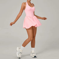 Hanging Neck Tennis Dress Women Solid Color Sleeveless Sports One Piece Pocket Suits Outdoor Running Fitness Yoga Golf Dresses