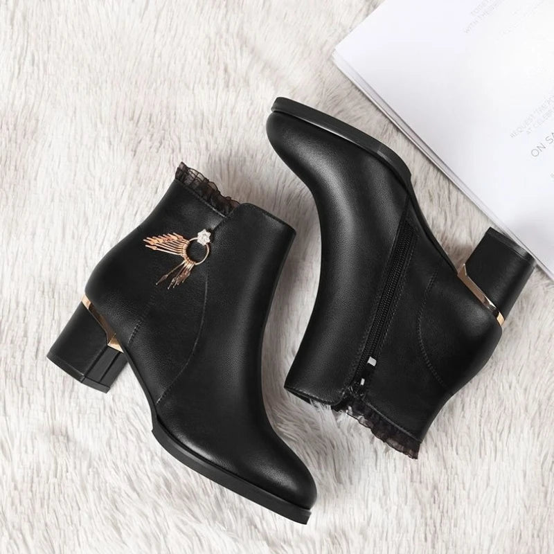 Autumn Winter Black Booties Elegant with Medium Heels Women's Ankle Boots Leather Warm Female Short Shoes Comfortable Boot Sale - Buy online at  Vibe In Cart.