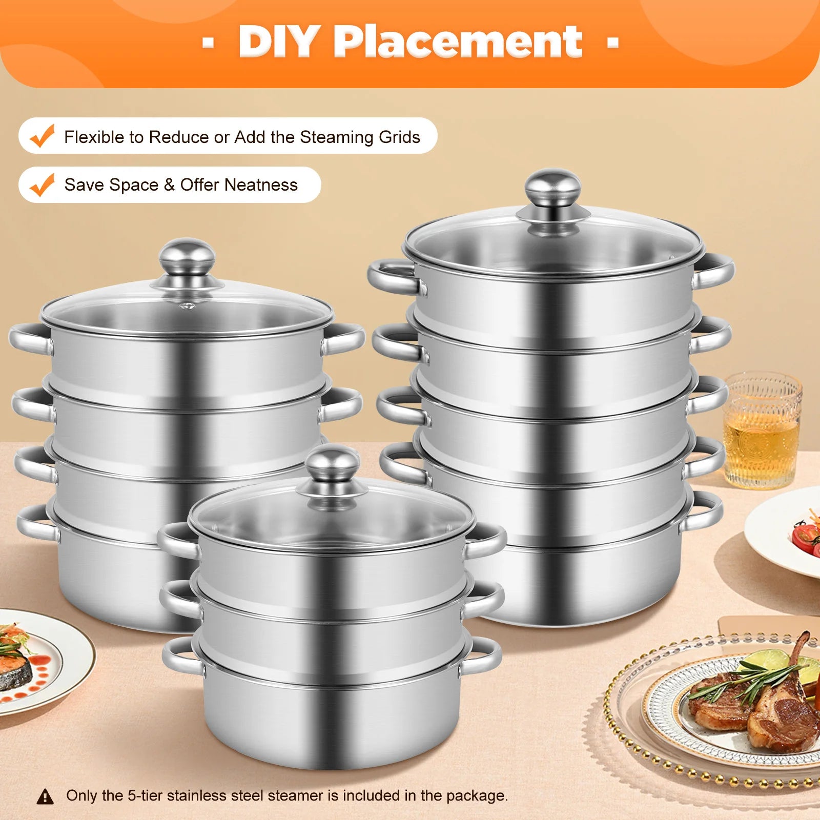 5-Tier Stainless Steel Food Steamer 26cm Meat Vegetable Steamer Pot Kitchen Cookware with Lid - Buy online at  Vibe In Cart.