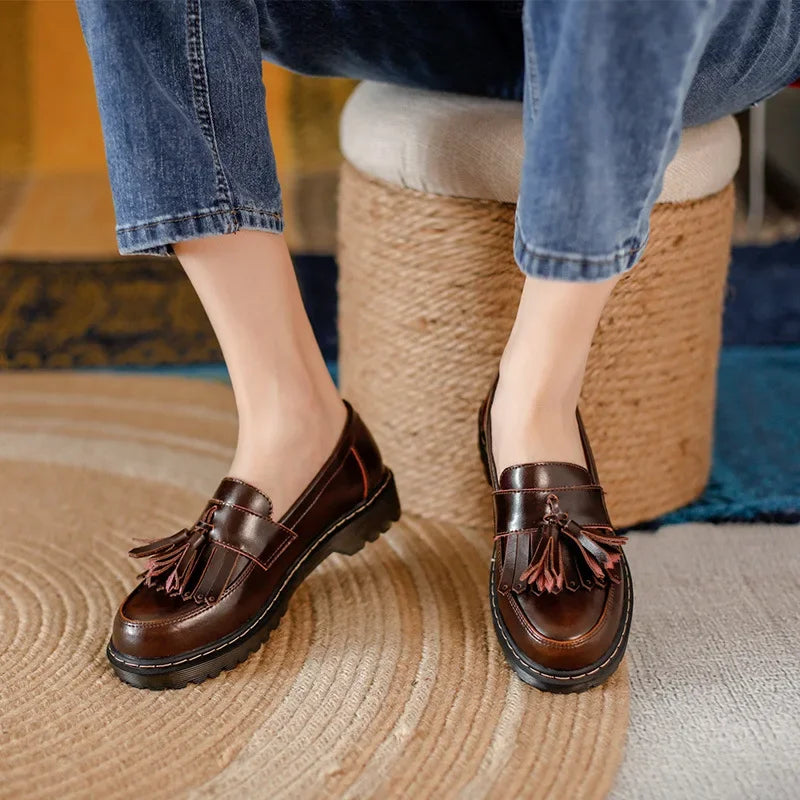 Women Loafers Genuine Leather Fringe Moccasions Retro British Style Ladies Oxford Shoes Slip On Brown Flats - Buy online at  Vibe In Cart.