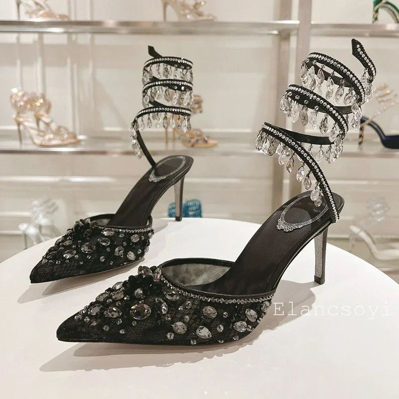 Fashion High Heels Sandals Women Shiny Crystal Tassel Snake Shaped Winding Wedding Shoes Summer Pointed Toe Stiletto Sandalias - Buy online at  Vibe In Cart.