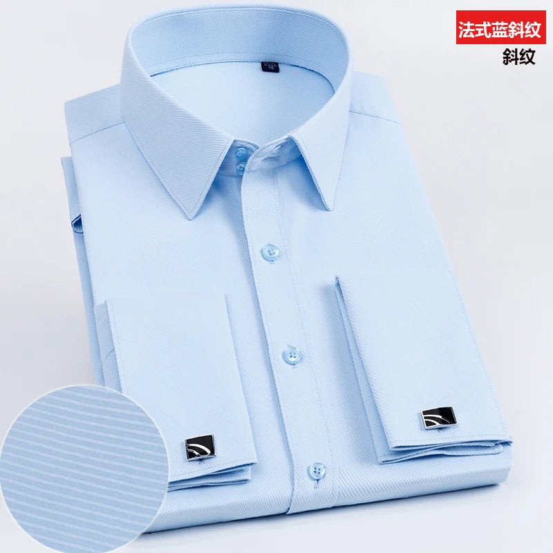 Men's Slim Fit Long Sleeved Solid Color Cotton Polyester Shirt with French Cufflinks