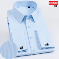 Men's Slim Fit Long Sleeved Solid Color Cotton Polyester Shirt with French Cufflinks