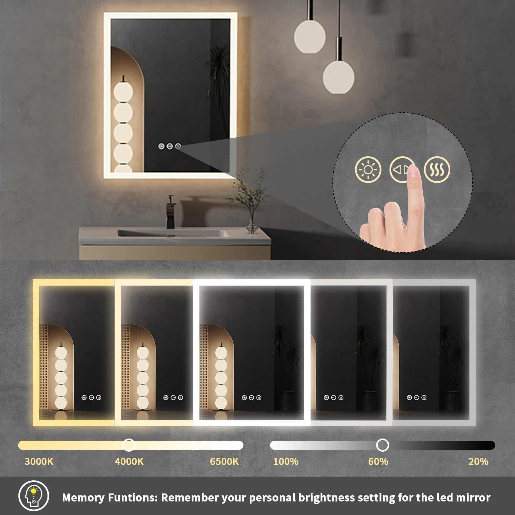 16x20 inch LED Lighted Bathroom Mirror with Anti-Fog, Wall Mounted Vanity Mirror with Smart Touch Button, Memory Function - Buy online at  Vibe In Cart.