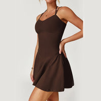 Womens Spaghetti Strap Tennis Dress with Built-in Shorts and Bra Golf Athletic Dress with Pockets