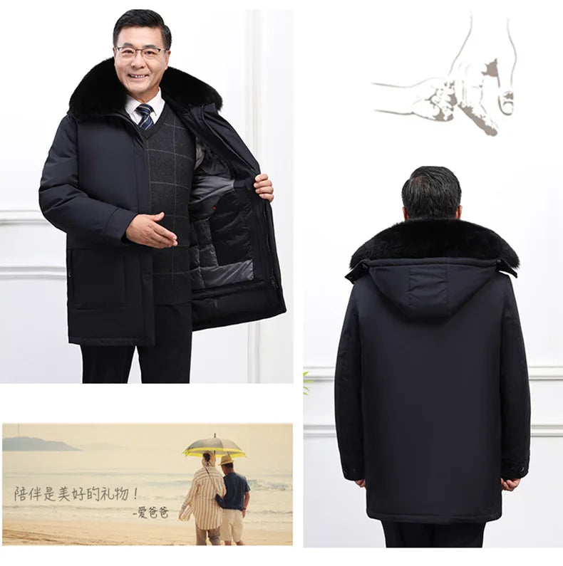 Men's White Goose Down Long Winter Jacket with Detachable Liner