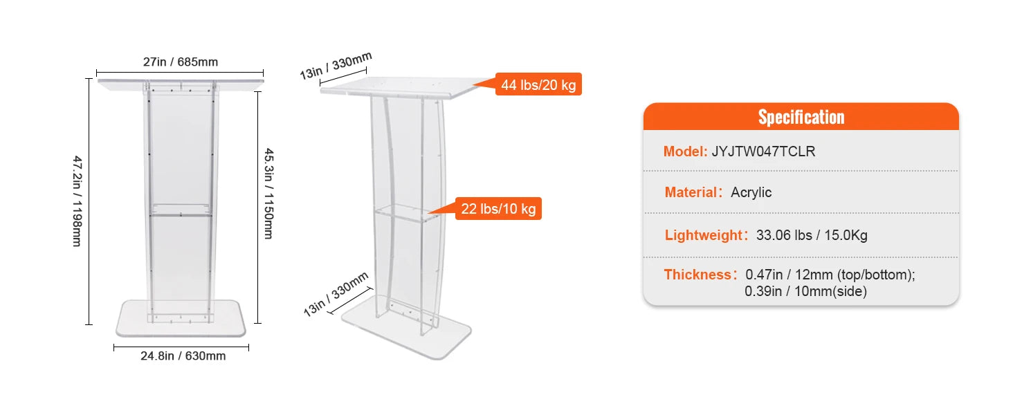 SucceBuy 47" Acrylic Podium Stand Floor-Standing Clear Pulpit Acrylic Desktop Lecterns w/ Storage Shelf for Church Office School - Buy online at  Vibe In Cart.
