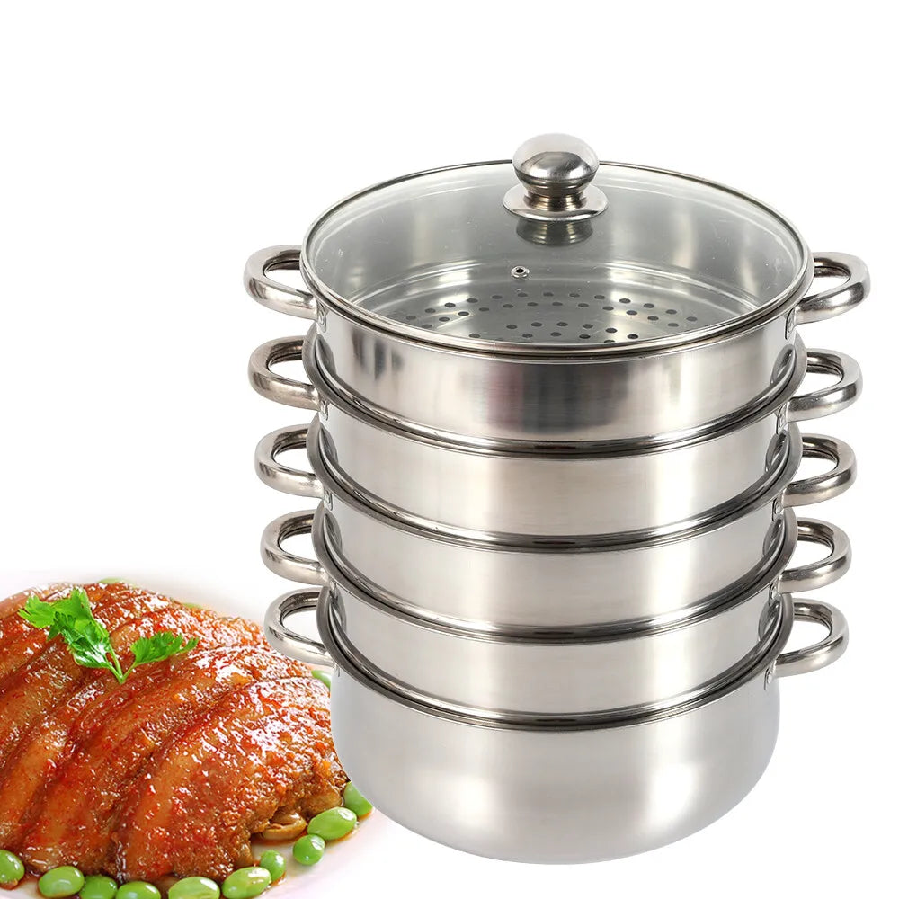 5 Tier Stainless Steel Steamer Pot Set 28cm Large Capacity Stackable Cookware With Glass Lid For Home Kitchen - Buy online at  Vibe In Cart.