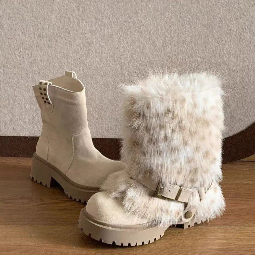 Women's Mid-Calf Snow Boots with Square Heel and Plush Lining