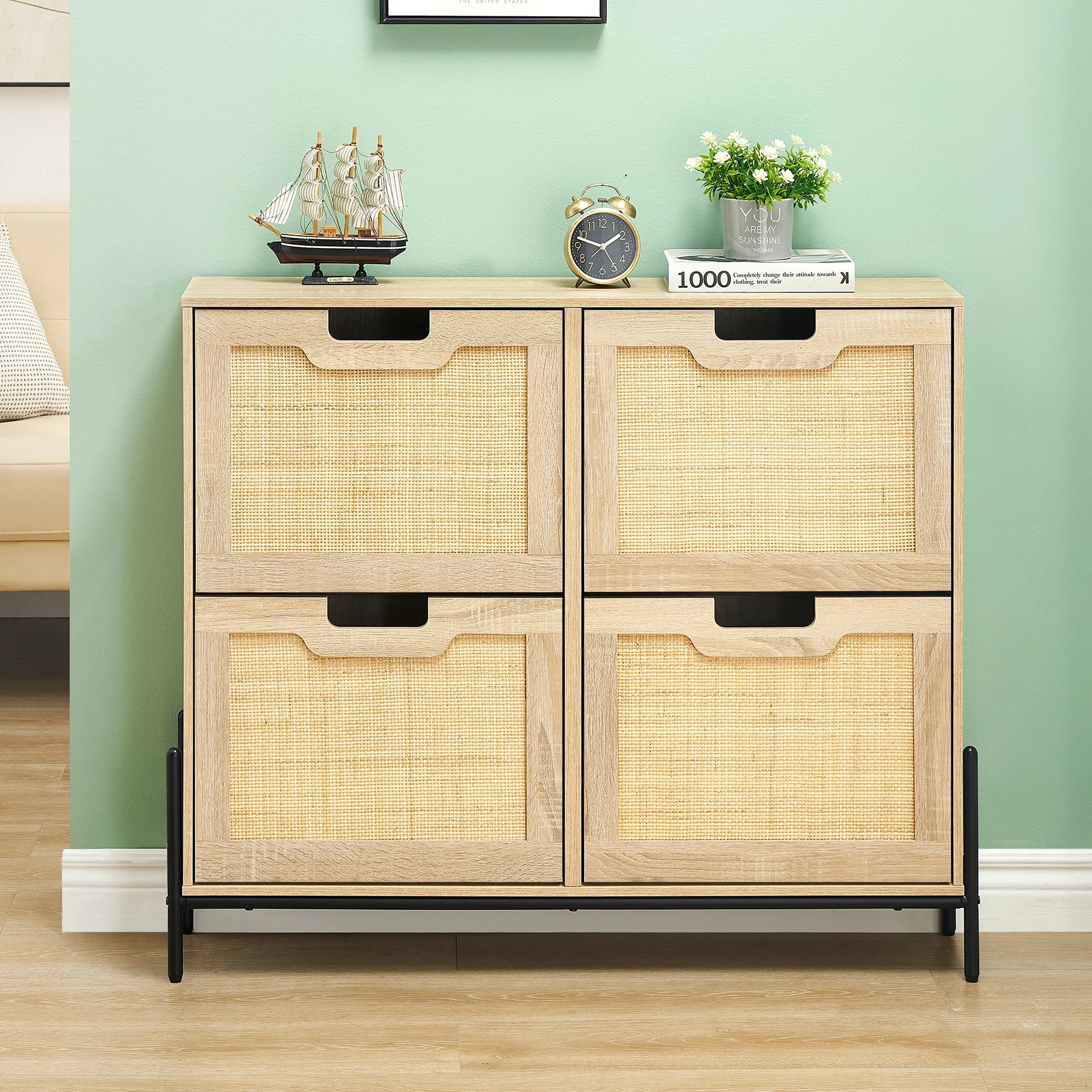 Rattan Shoe Storage Cabinet, Entryway Shoes Cabinet with 4 Flip Doors, Freestanding Shoe Rack with 3 Position Adjustable Shelves - Buy online at  Vibe In Cart.