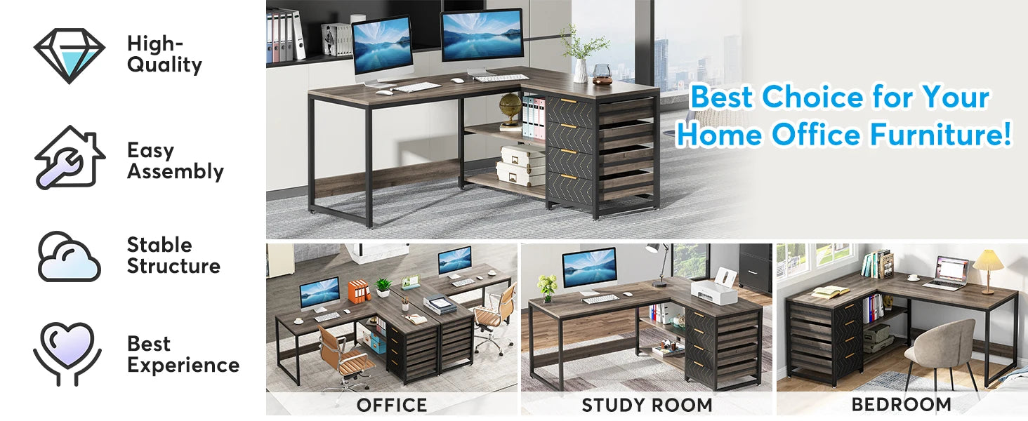 Tribesigns L Shaped Computer Desk with Storage Drawers, 59 inch Corner Desk with Shelves, Reversible L-Shaped Office Desk Study - Buy online at  Vibe In Cart.