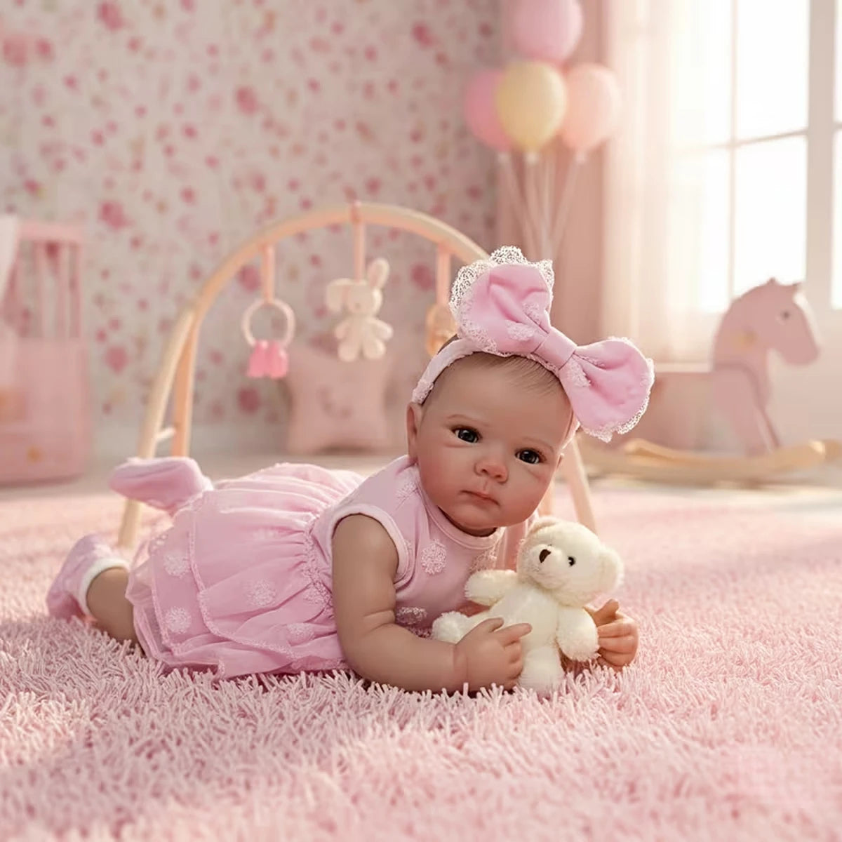 Full Body Vinyl Girl Rebirth Doll with Visible Blood Vessels and Pink Dress