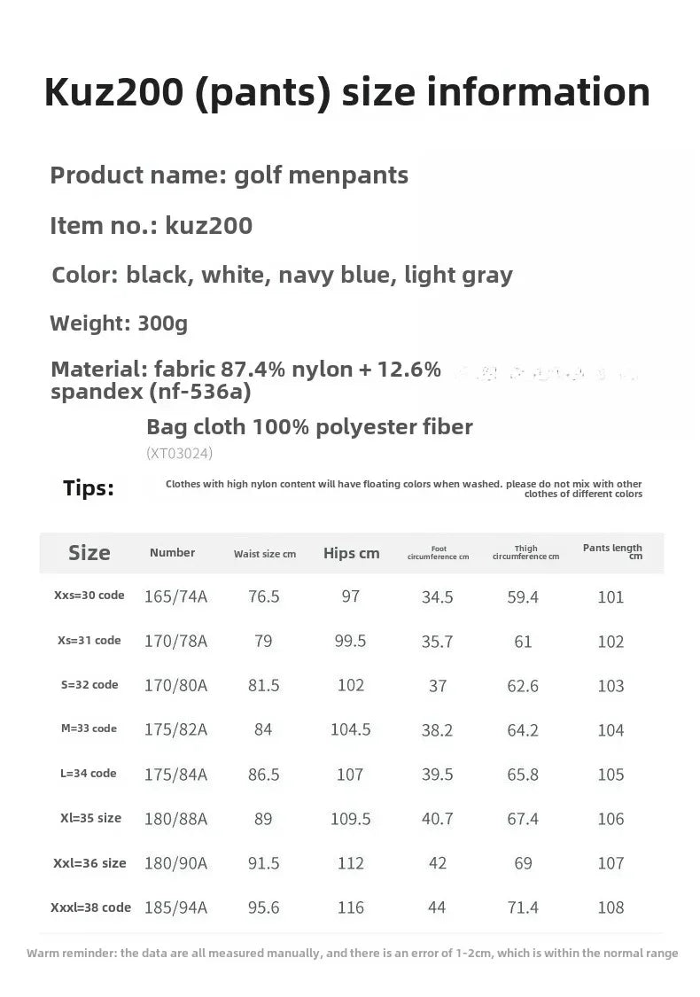 Men's Full Length Spring Summer Golf Pants in Nylon and Elastane