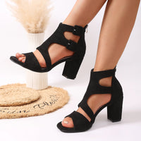 Spring and Summer New Women's Black Suede Chunky Heel Sandals, Hollow Double Buckle Strap Open-Toe High Heels, Versatile Roman Style Women's Shoes for Commuting - Buy online at  Vibe In Cart.