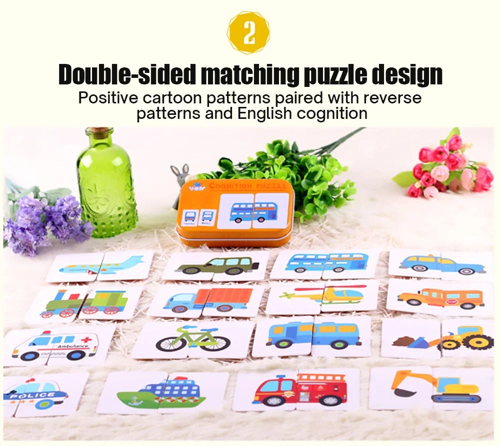 Baby Cognition Puzzle Toys Toddler Kids Iron Box Cards Matching Game Cognitive Card Car Fruit Animal Life Puzzle Gift