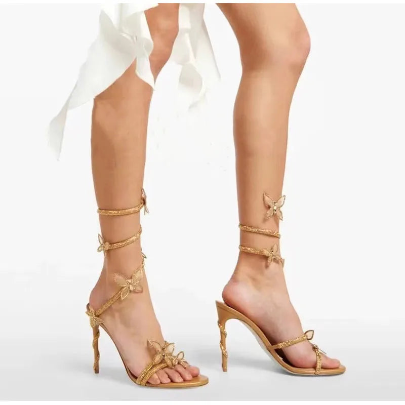 Women's Crystal Embellished High Heel Gladiator Sandals with Butterfly Detail