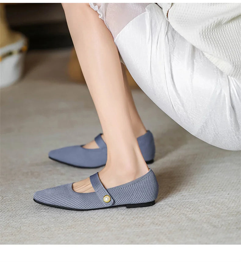 2024 Leisure Weaving Flats Women Ankle Strap Pearl Mary Stretch Fabric Ballerina Knitting Moccasins Mesh Solid Color Shoes - Buy online at  Vibe In Cart.