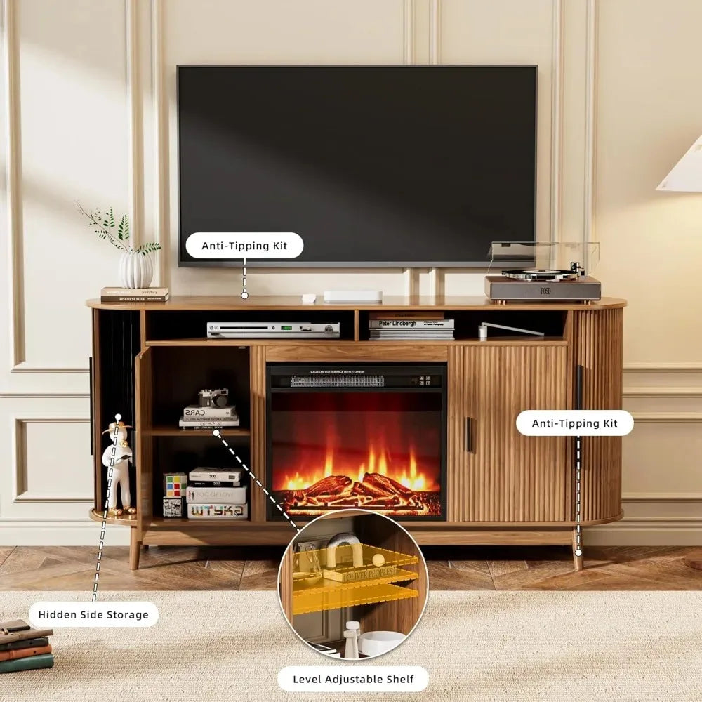 Electric Fireplace TV Stand, Modern Chic Entertainment Center for TVs Up to 80 inches, Curved Profile Design, Adjustable Shelves - Buy online at  Vibe In Cart.