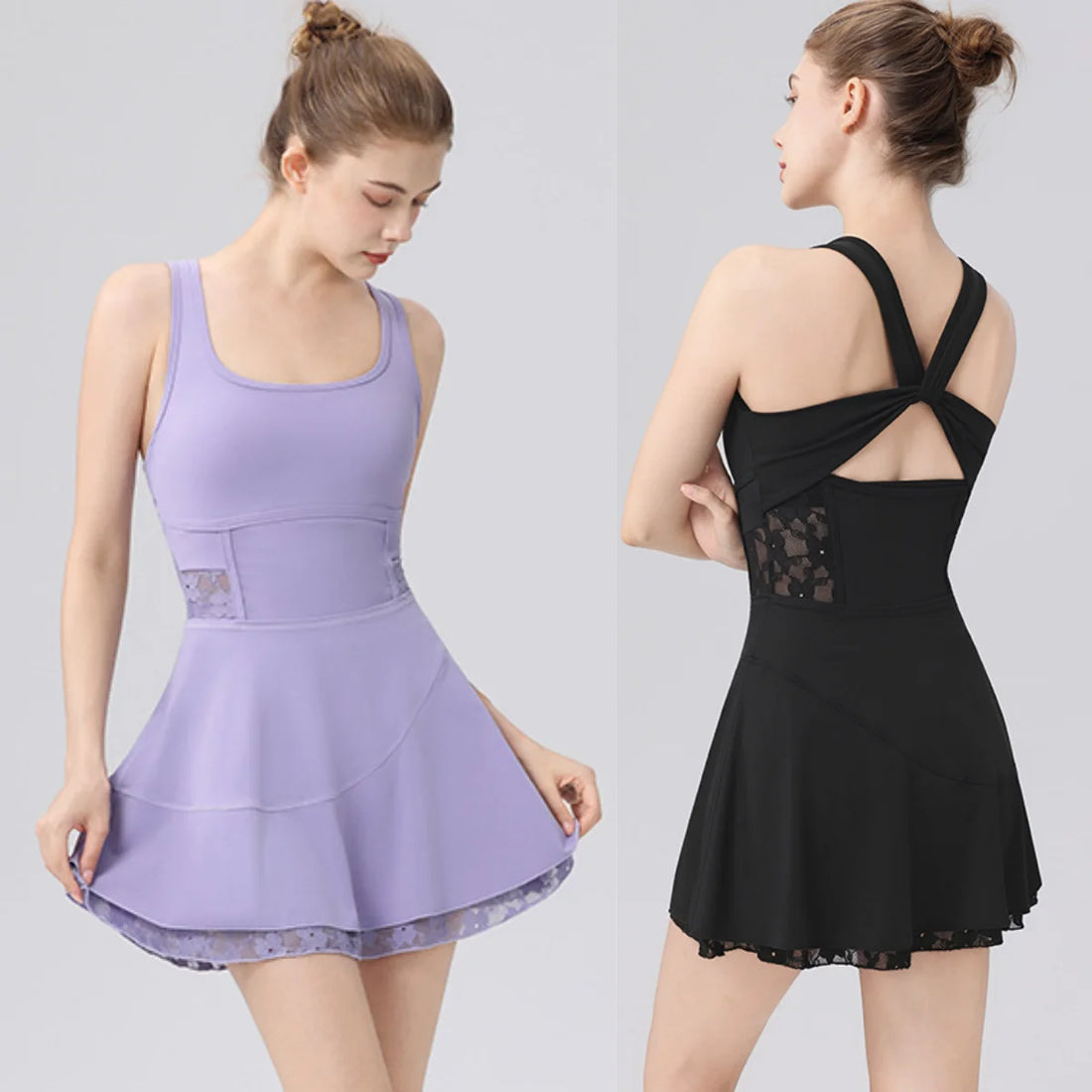 2026 New tennis dress ballet dress sexy back cross lace badminton anti-light lacework Separate shorts yoga golf sports dress