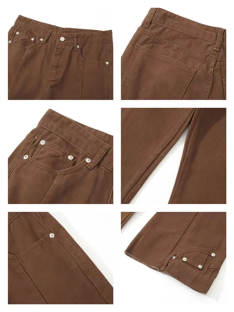 Brown Baggy Flare Jeans for Men Cotton Casual Pants