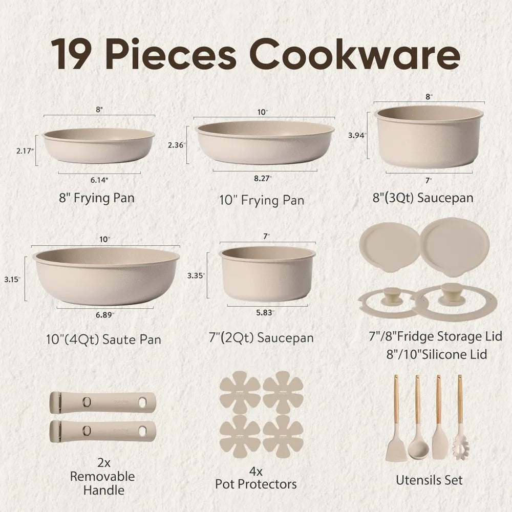 19-Piece Detachable Handle Cookware Set, Non-Stick Induction Compatible Pots and Pans, Oven Safe Taupe - Buy online at  Vibe In Cart.