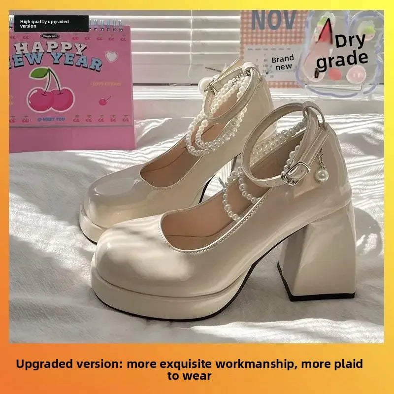 French Style Women's High Heels Spring Versatile Barbie Shoes Waterproof Platform Fairy Style round Toe Mid Heel Single Shoes - Buy online at  Vibe In Cart.