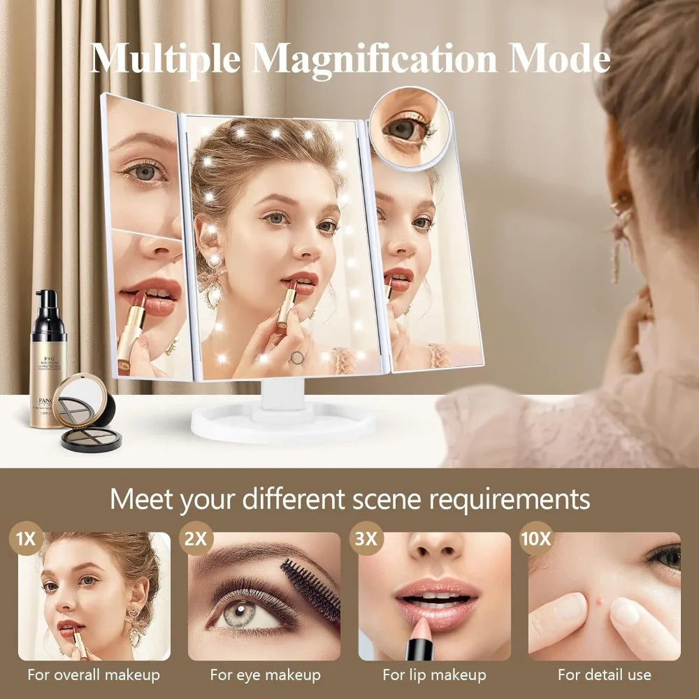 Vanity Makeup Mirror with Light 2X/3X/10X Magnification Lighted Cosmetic Mirror Touch Control Trifold Dual Power Supply Portable - Buy online at  Vibe In Cart.