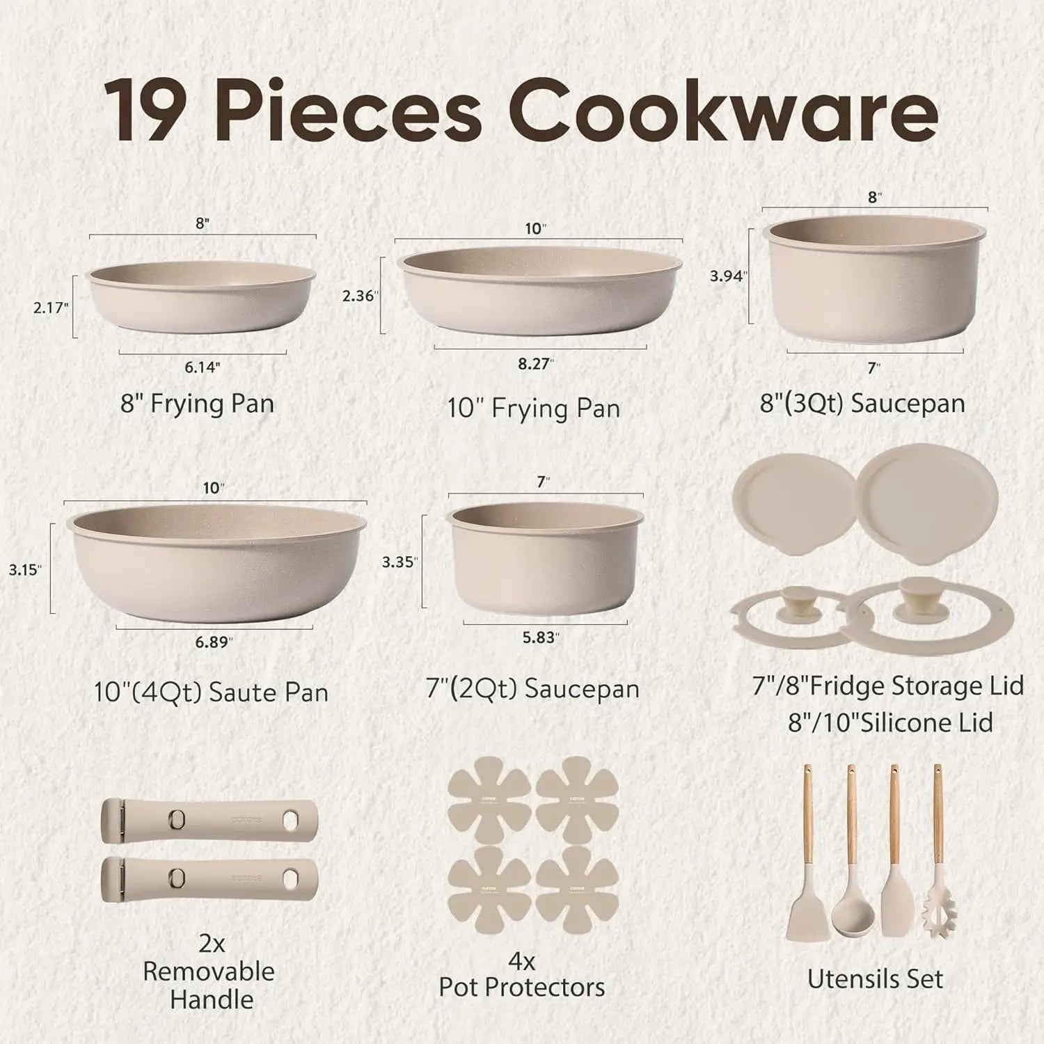 19-Piece Detachable Handle Cookware Set, Non-Stick Induction Compatible Pots and Pans, Oven Safe Taupe - Buy online at  Vibe In Cart.