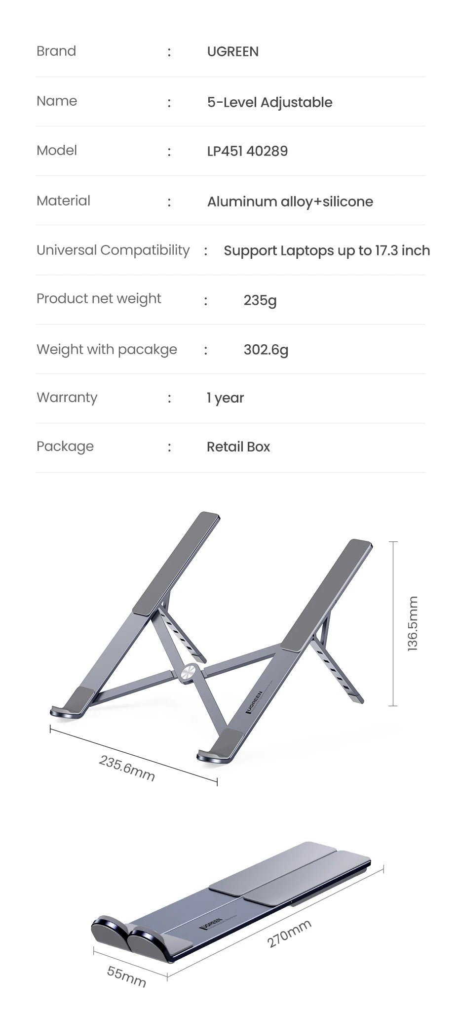 Foldable Aluminum Vertical Laptop Stand with 5-Level Adjustable Height