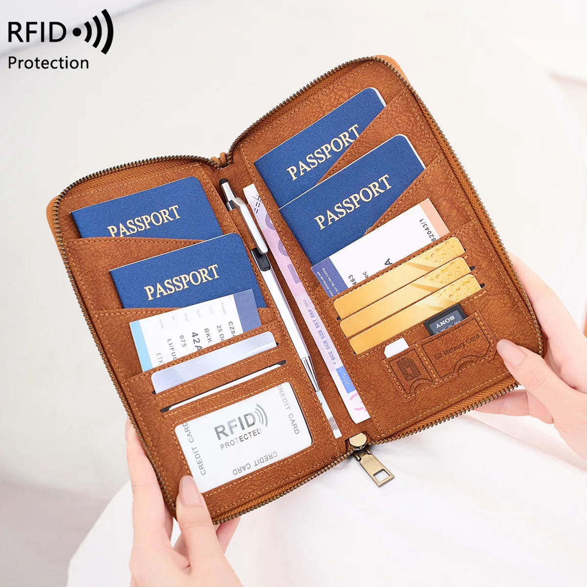 RFID Blocking Polyurethane Passport Holder with Zipper