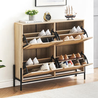 Freestanding Rattan Shoe Cabinet with 4 Flip Doors and Adjustable Shelves