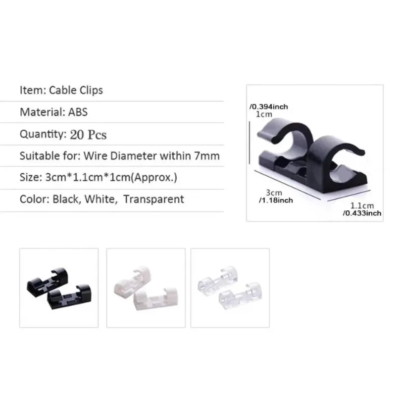 Plastic Cable Manager with Self-Adhesive Holders, 20 Pieces, Three Colors
