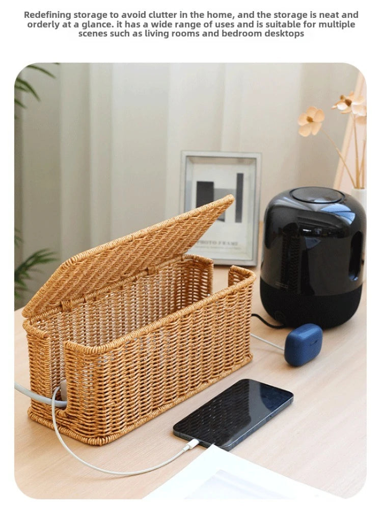 Rattan Cable Management Box with 2 Open Slots for Under Desk