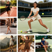 VITALINOVO Tennis Dress for Women Short Sleeve Crewneck Wrap Sarong Skirt Built in Shorts U Back Workout Golf Athletic Dresses