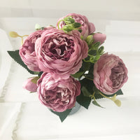 Artificial Peony Flowers Bouquet 30cm Rose Pink Silk with 5 Heads and 4 Buds